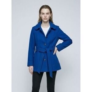 Kensie Womens Cobalt Blue Belted Wool Blend Pea Coat Jacket Size L Royal Blue